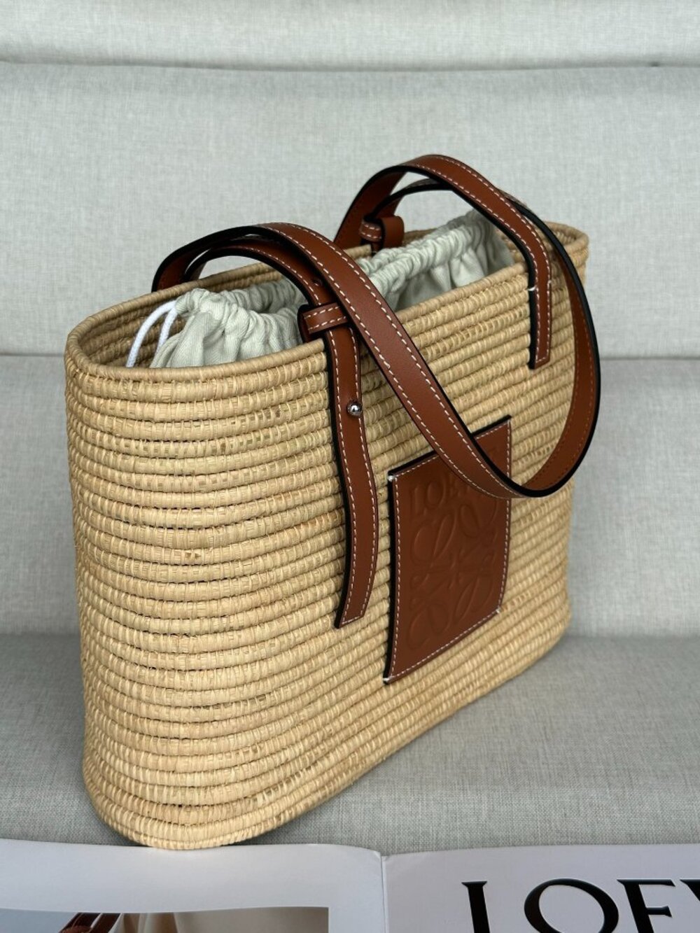 Loewe Style Raffia Basket Tote with Leather Handles